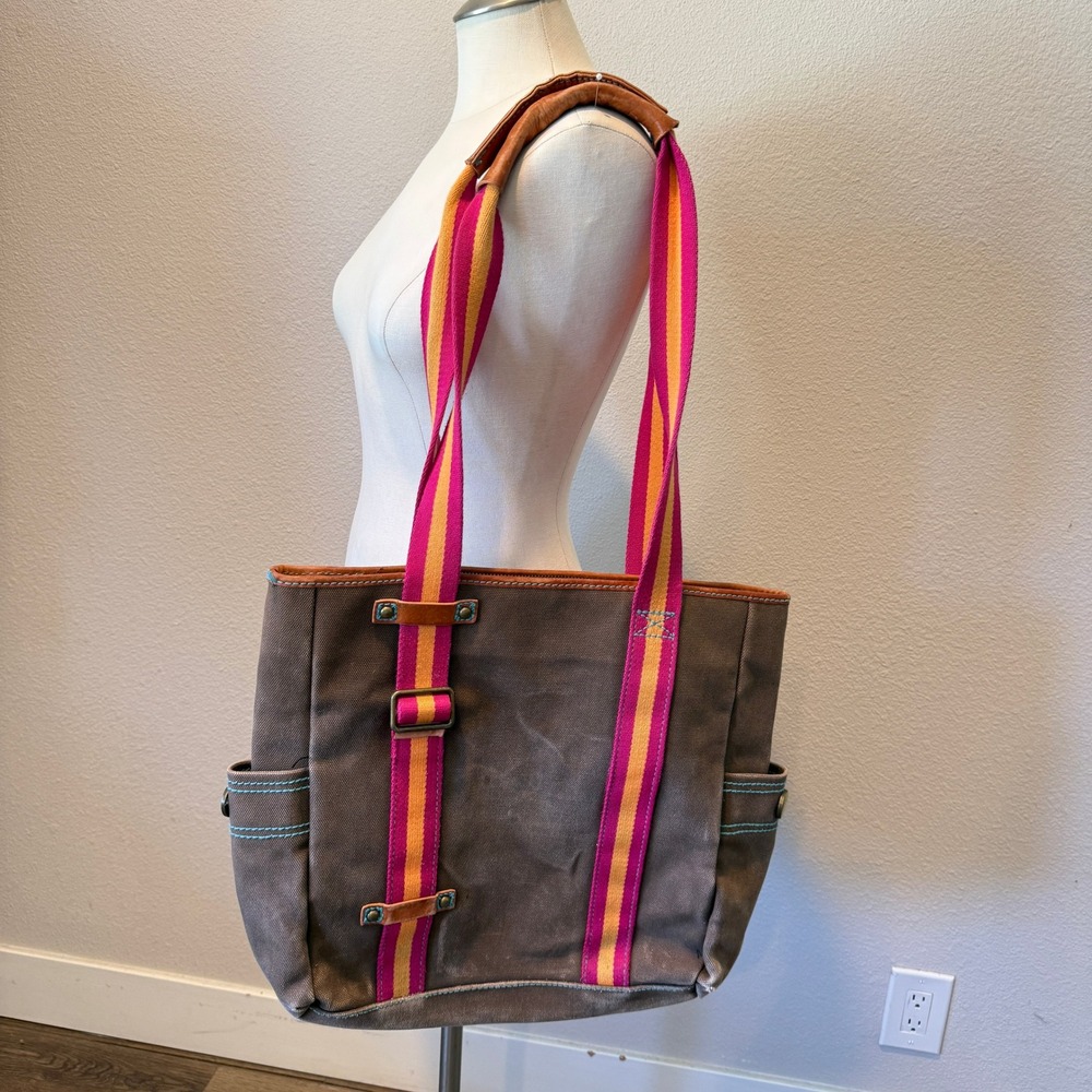 Gap 1969 Jeans Brown Canvas Tote Bag Pink Orange Striped Straps Leather Trim